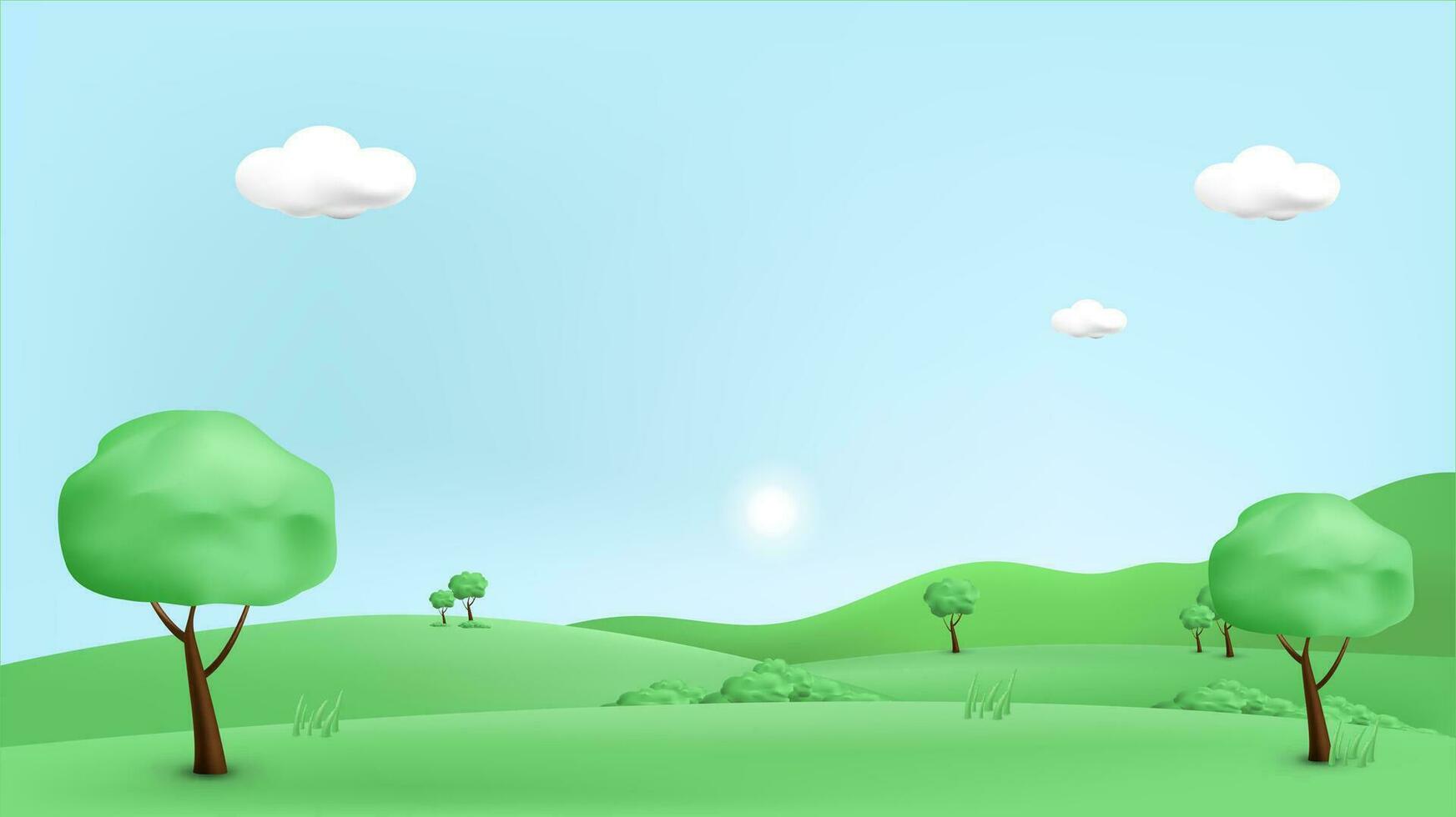 3d landscape illustration with 3d trees, cloud and sun. vector illustration.