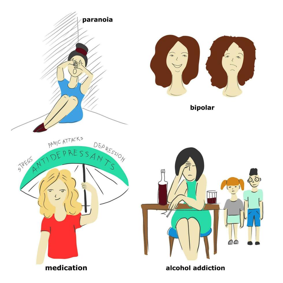 Mental disorders vector set. Paranoia, Bipolar disorder, Alcohol addiction.