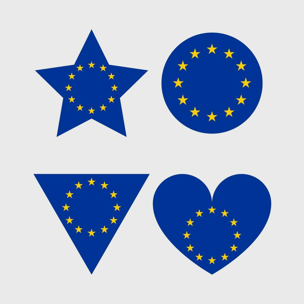 European Union flag vector icons set in the shape of heart, star and circle.