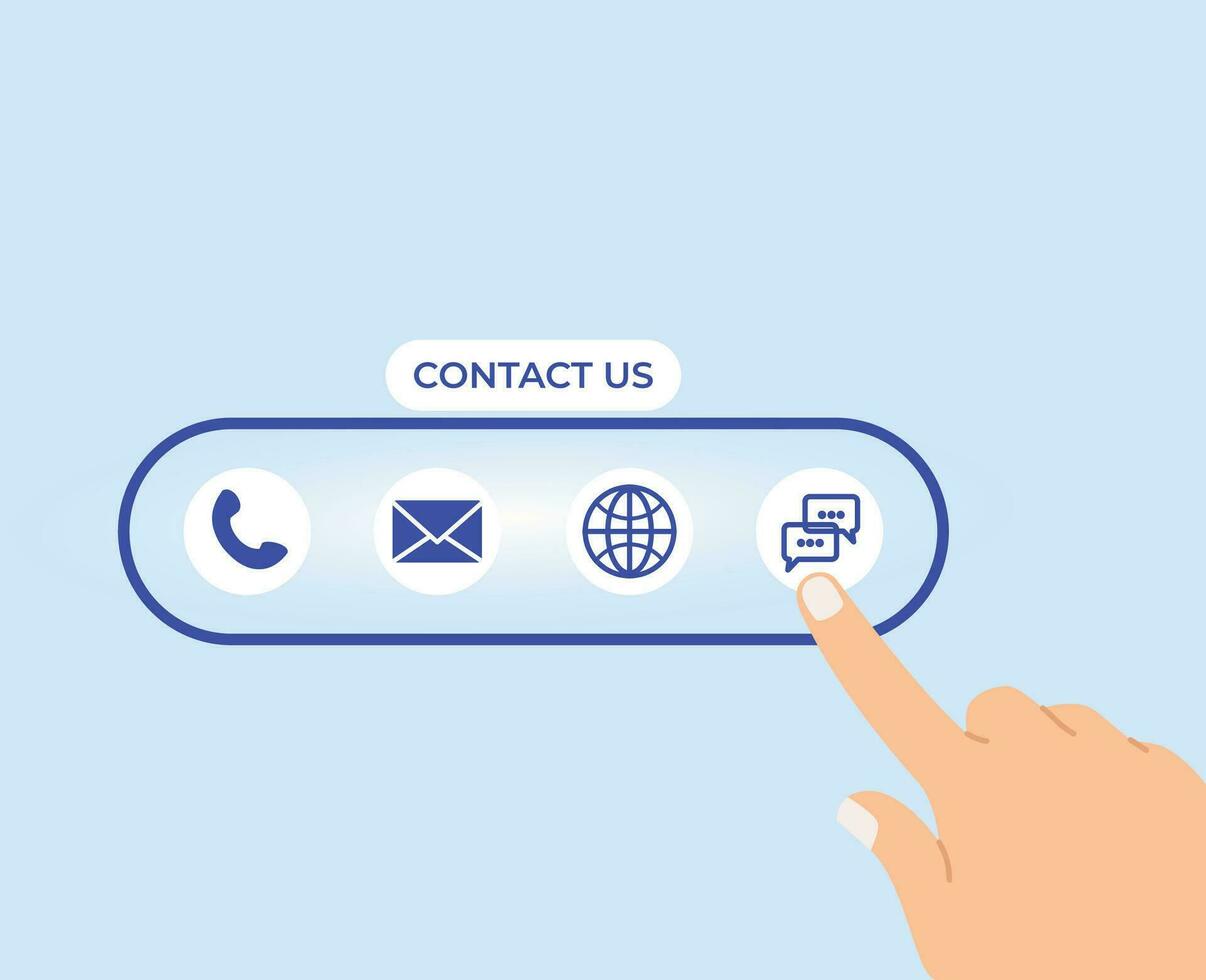Businessman using a laptop and touching on virtual screen contact icons consists of telephone, email, address, live chat, internet. Contact us or Customer care support hotline people connect vector
