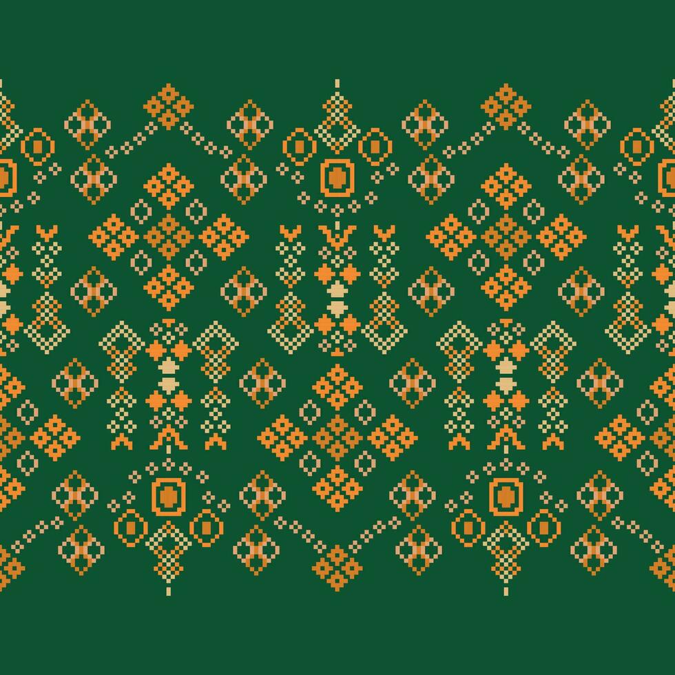 Ethnic geometric fabric pattern Cross Stitch.Ikat embroidery Ethnic oriental Pixel pattern green background. Abstract,vector,illustration. Texture,clothing,frame,decoration,motifs,silk wallpaper. vector