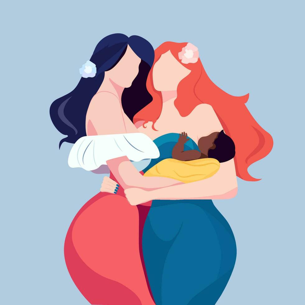 Two white black girls, women holding a baby in their arms vector