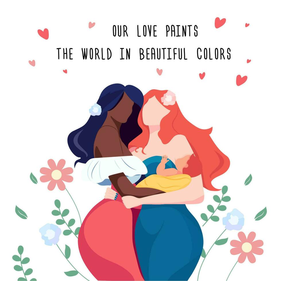 LGBT postcard, girls lesbian couple holding baby. Racial equality, skin colour, difference vector