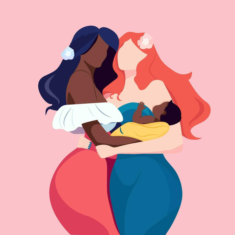 Two white black girls, women holding a baby in their arms vector