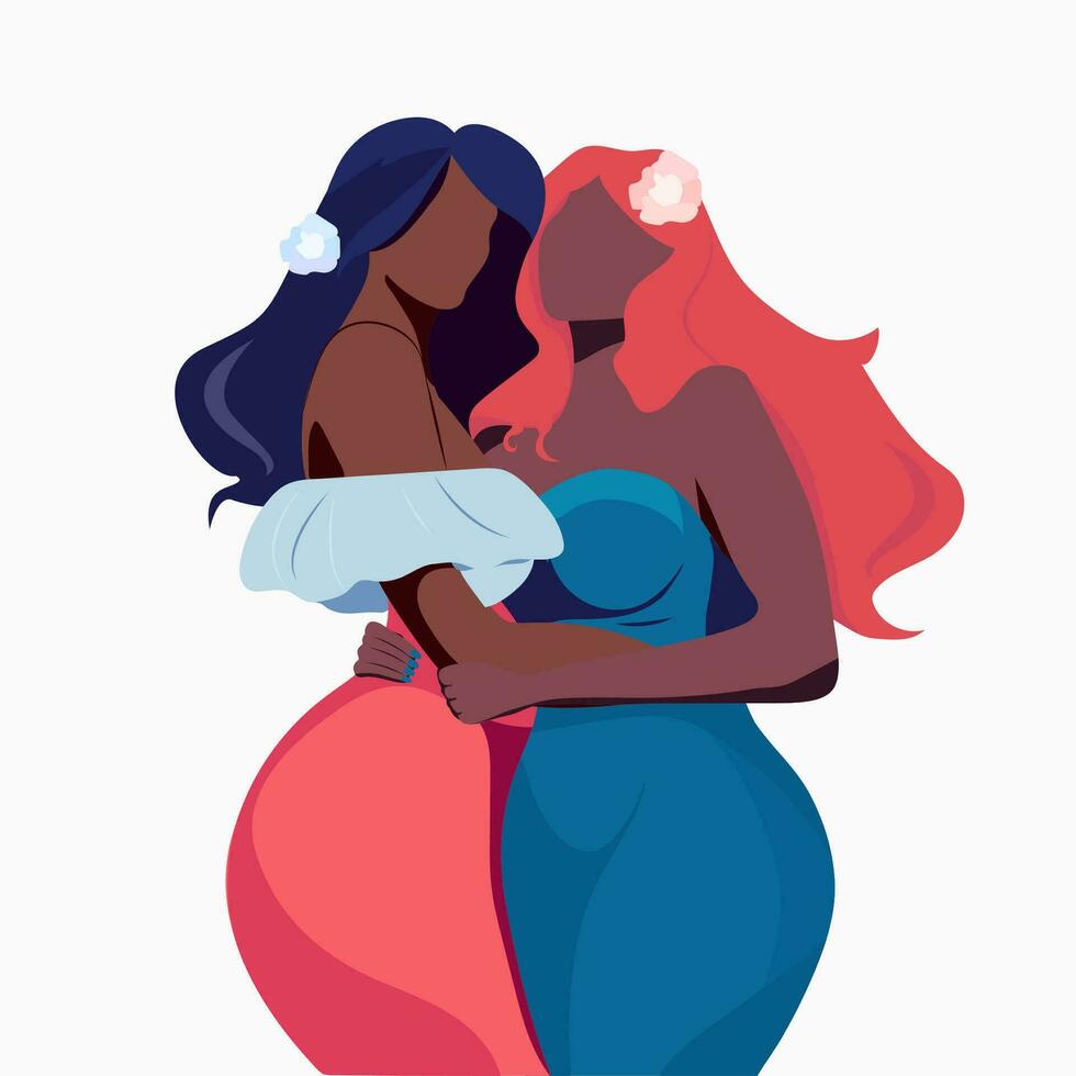Two white black girl, female hugging, girlfriends, friends, gay, lesbian vector
