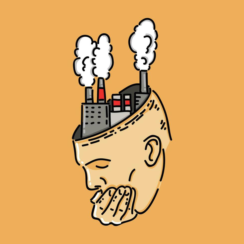 hombre toses ,cabeza industrial con tóxico fumar viniendo fuera de chimeneas de químico planta. fábrica empleado experimentando salud problemas debido a tóxico emisiones de ambiental contaminantes vector