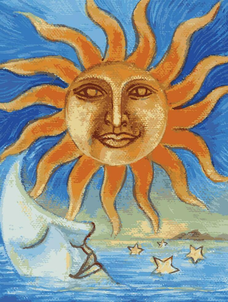 Art fantasy moon and sun hand painting on canvas make graphic vector. vector