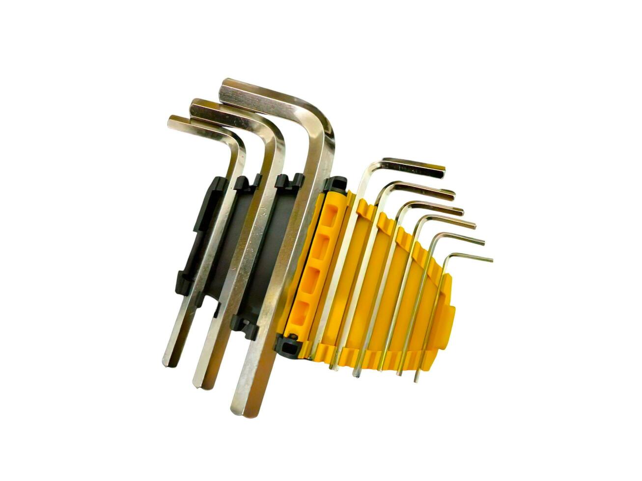 A set of silver L-shaped keys on a white background photo