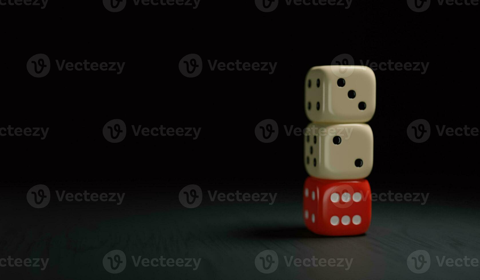 Three stacked dice on a black background, red dice highlighted, representing strength and balance and stability, 3d rendering image photo