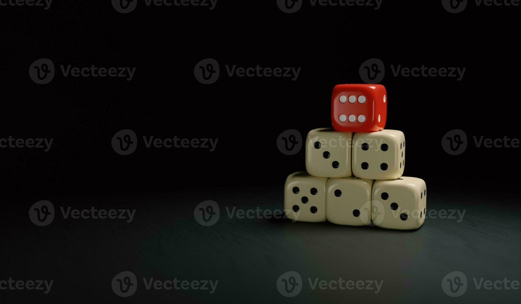 Five dice stacked forming a pyramid, highlighted red dice, representation of rise, elevation, balance, stability, security, 3d rendering image photo