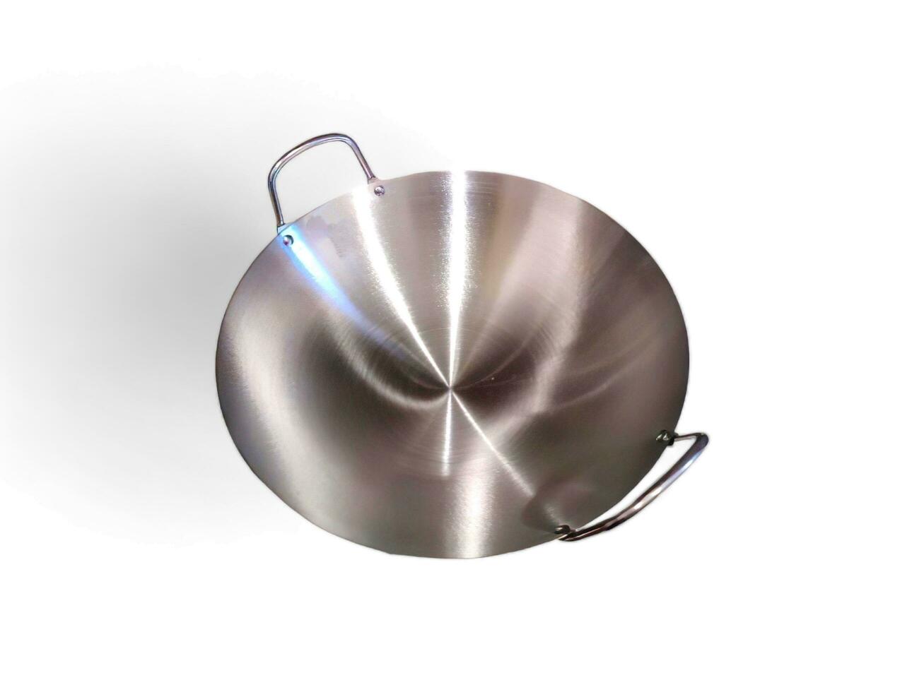 Silver stainless steel frying pan with white background photo