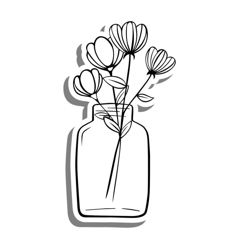 negro línea cuatro flores en botella en blanco silueta y gris sombra. mano dibujado dibujos animados estilo. vector ilustración para Decorar y ninguna diseño