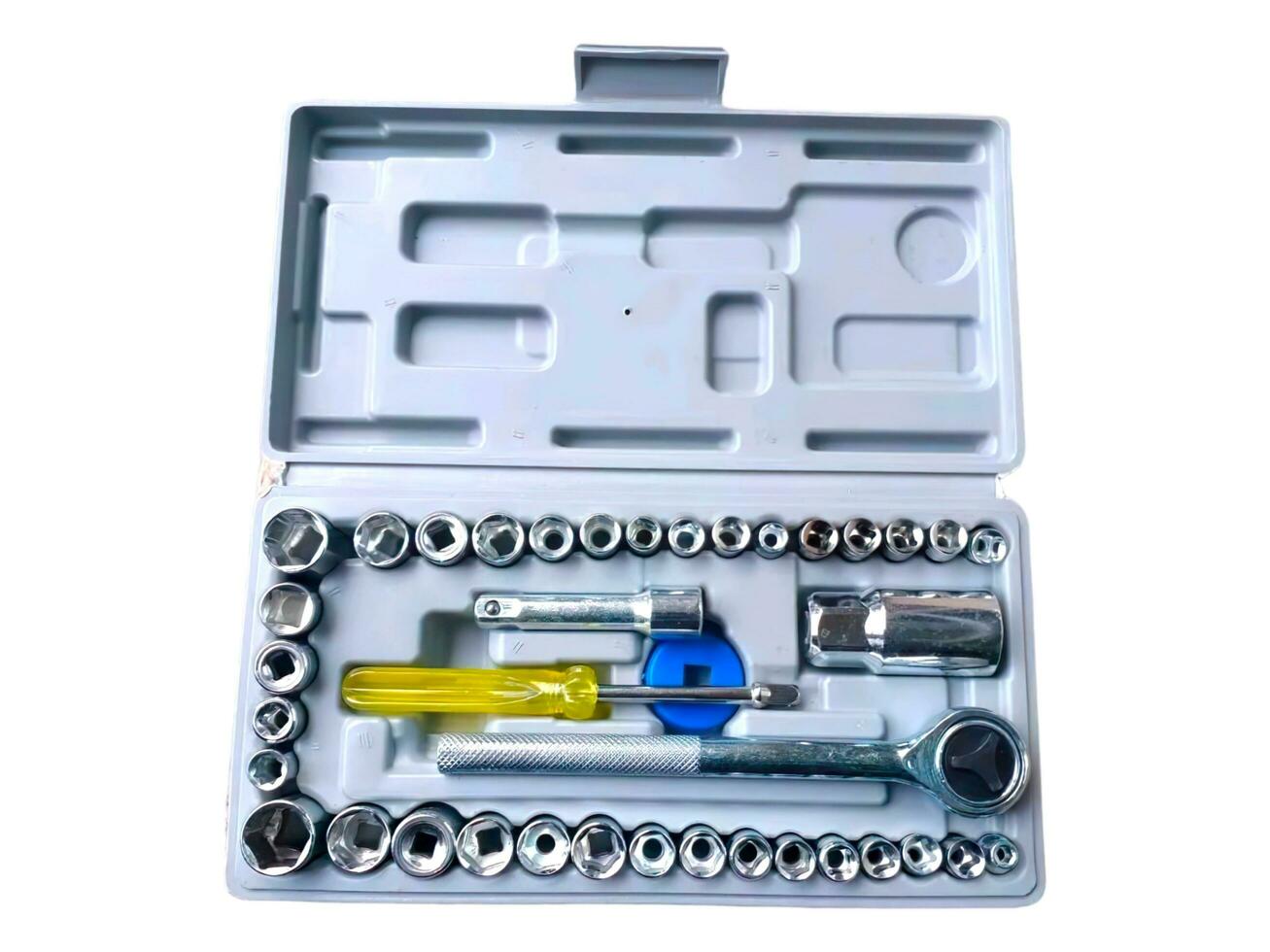 one box socket wrench kit on white background photo