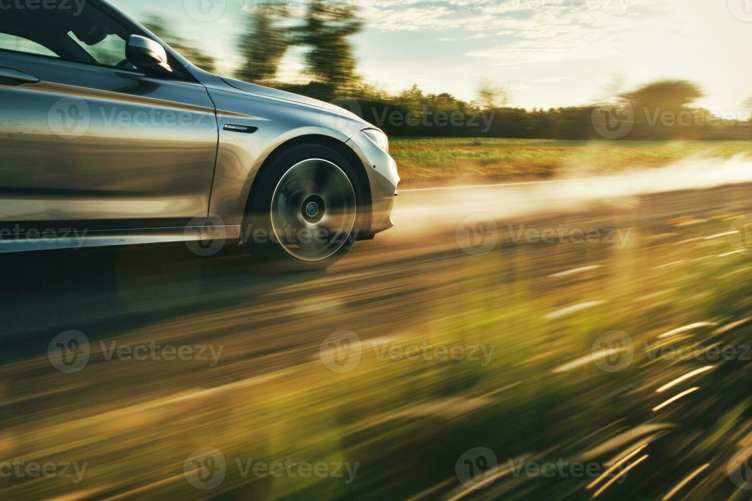 Car driving on country road with motion blur effect. Generative AI photo