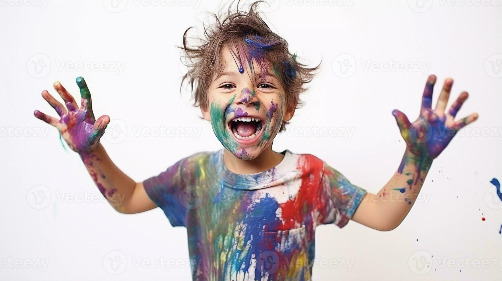 Cute little boy laughing together and having fun with paints. Painted in skin hands. Child portrait. Creative concept. Close up photo