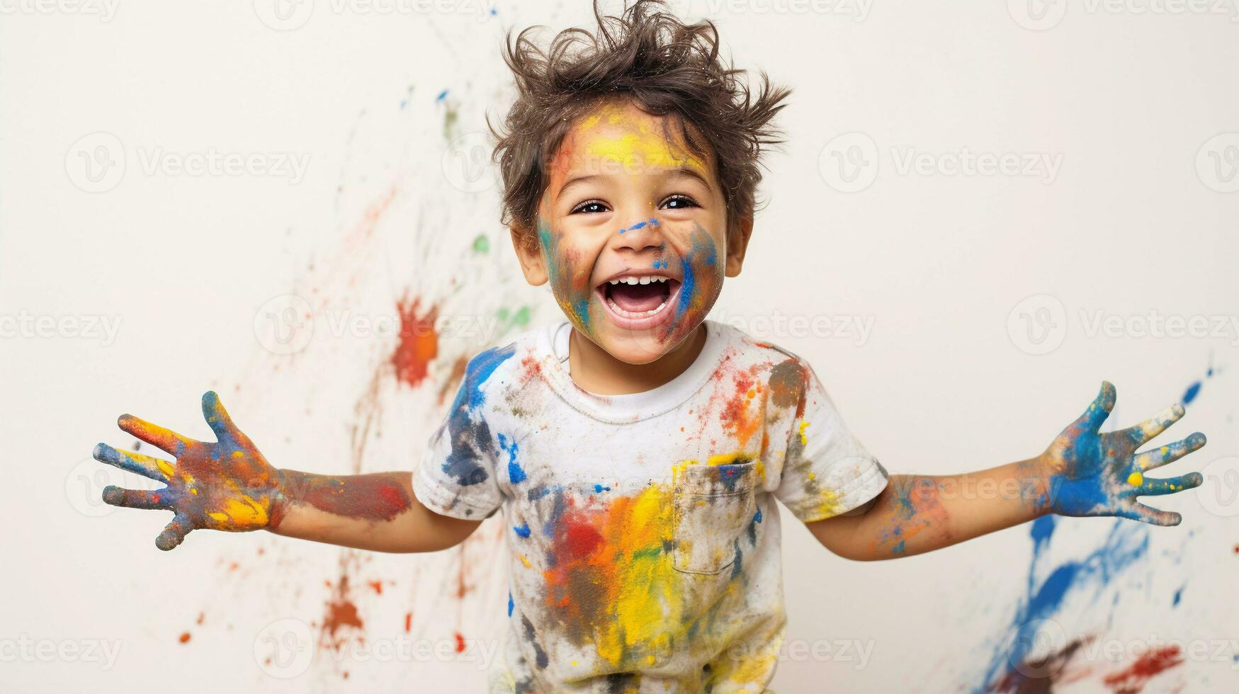 Cute little boy laughing together and having fun with paints. Painted in skin hands. Child portrait. Creative concept. Close up photo