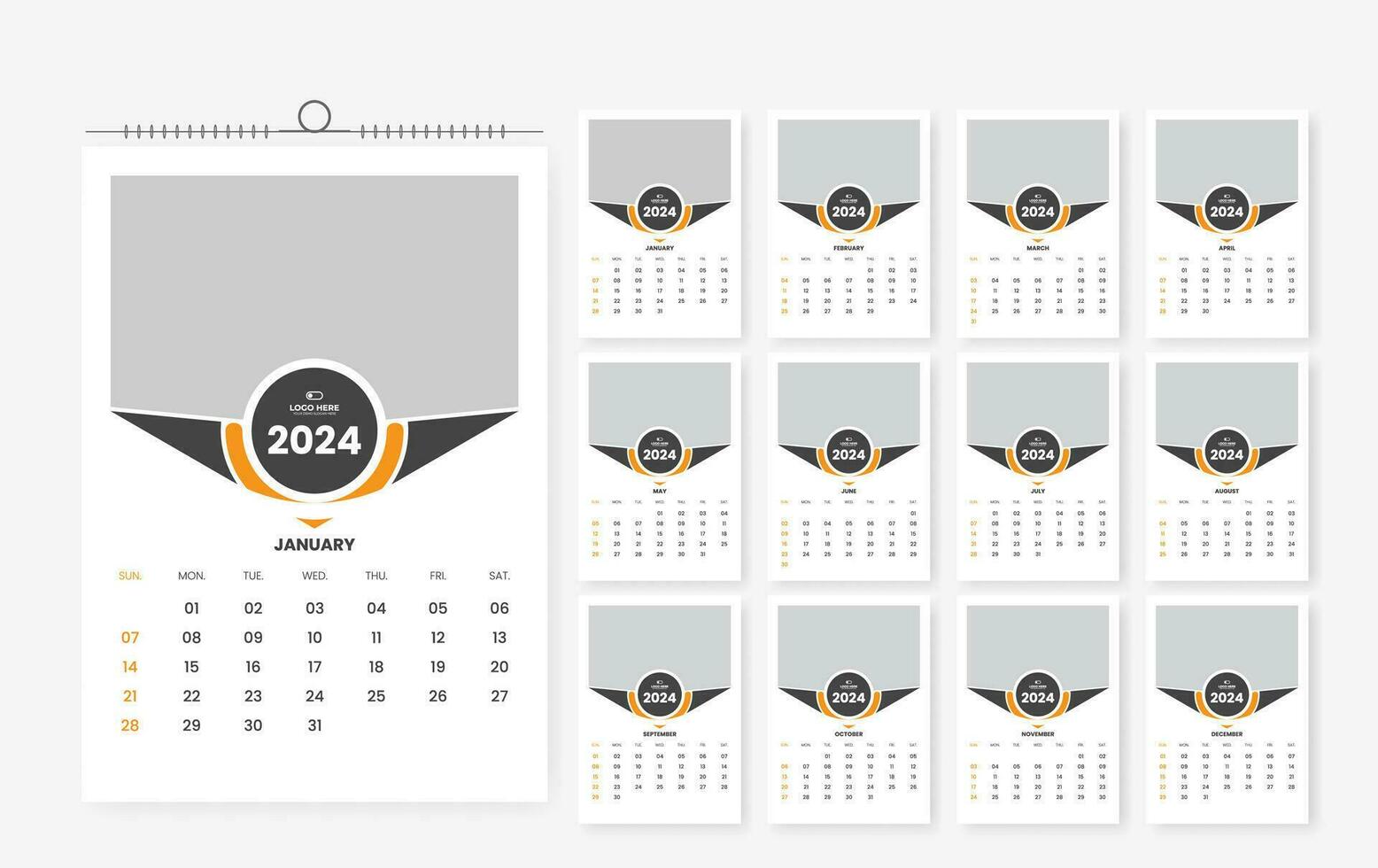 2024 wall calendar template design 12 page vector