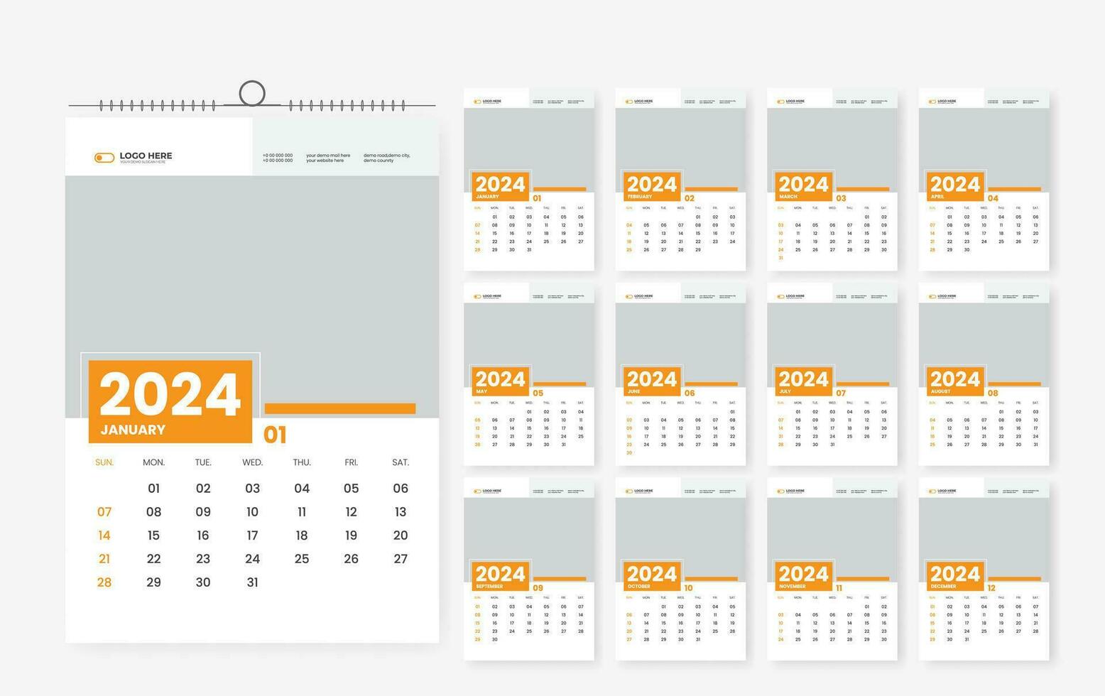 2024 wall calendar template design 12 page vector