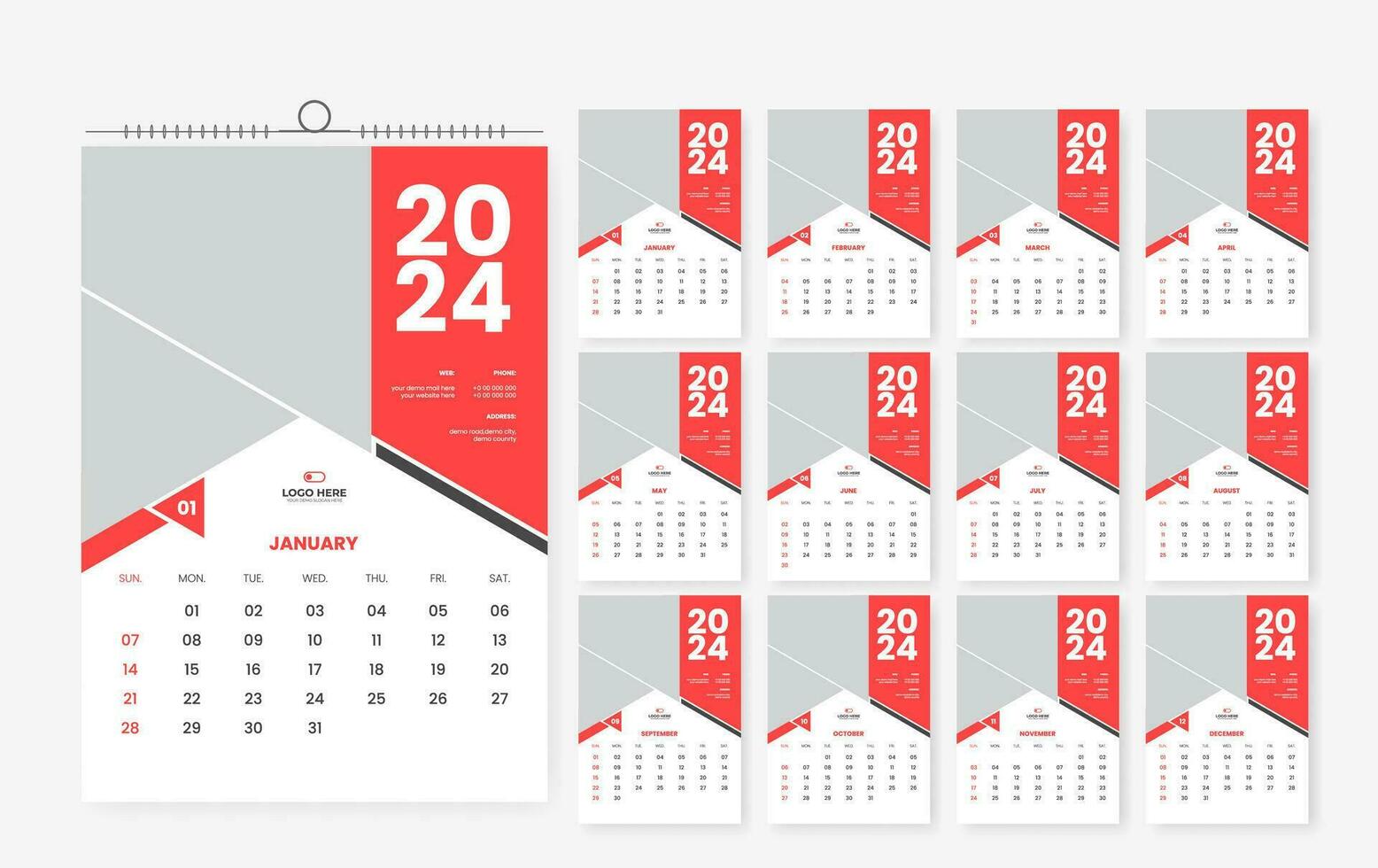 2024 wall calendar template design 12 page vector