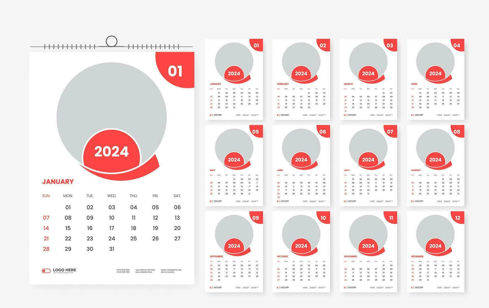 2024 wall calendar template design 12 page vector