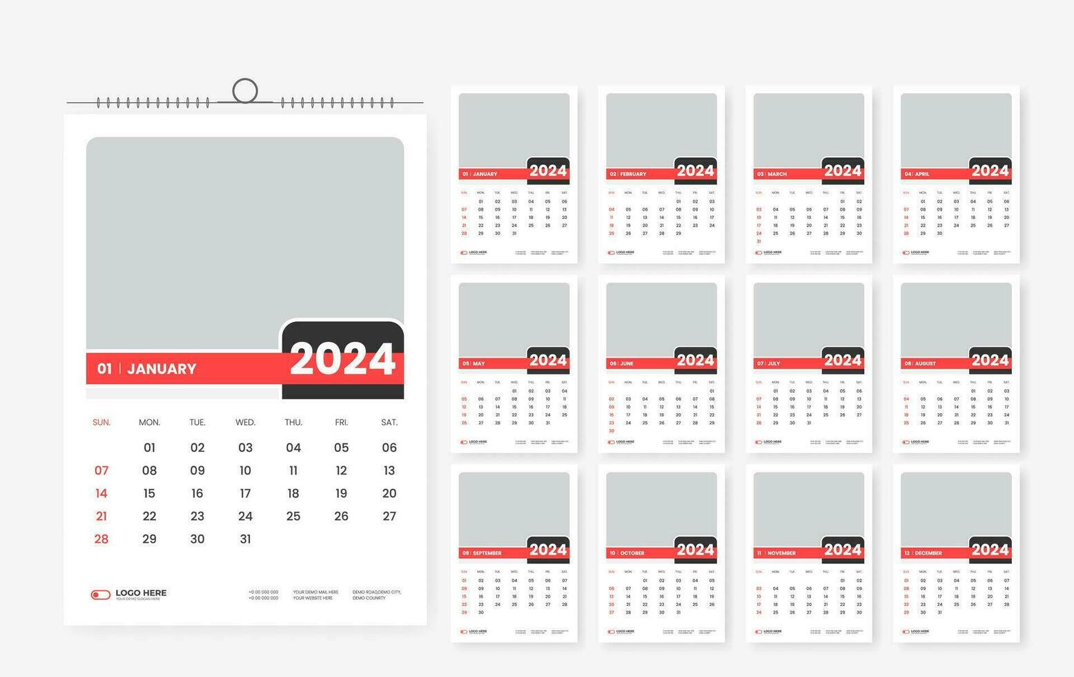 2024 wall calendar template design 12 page vector