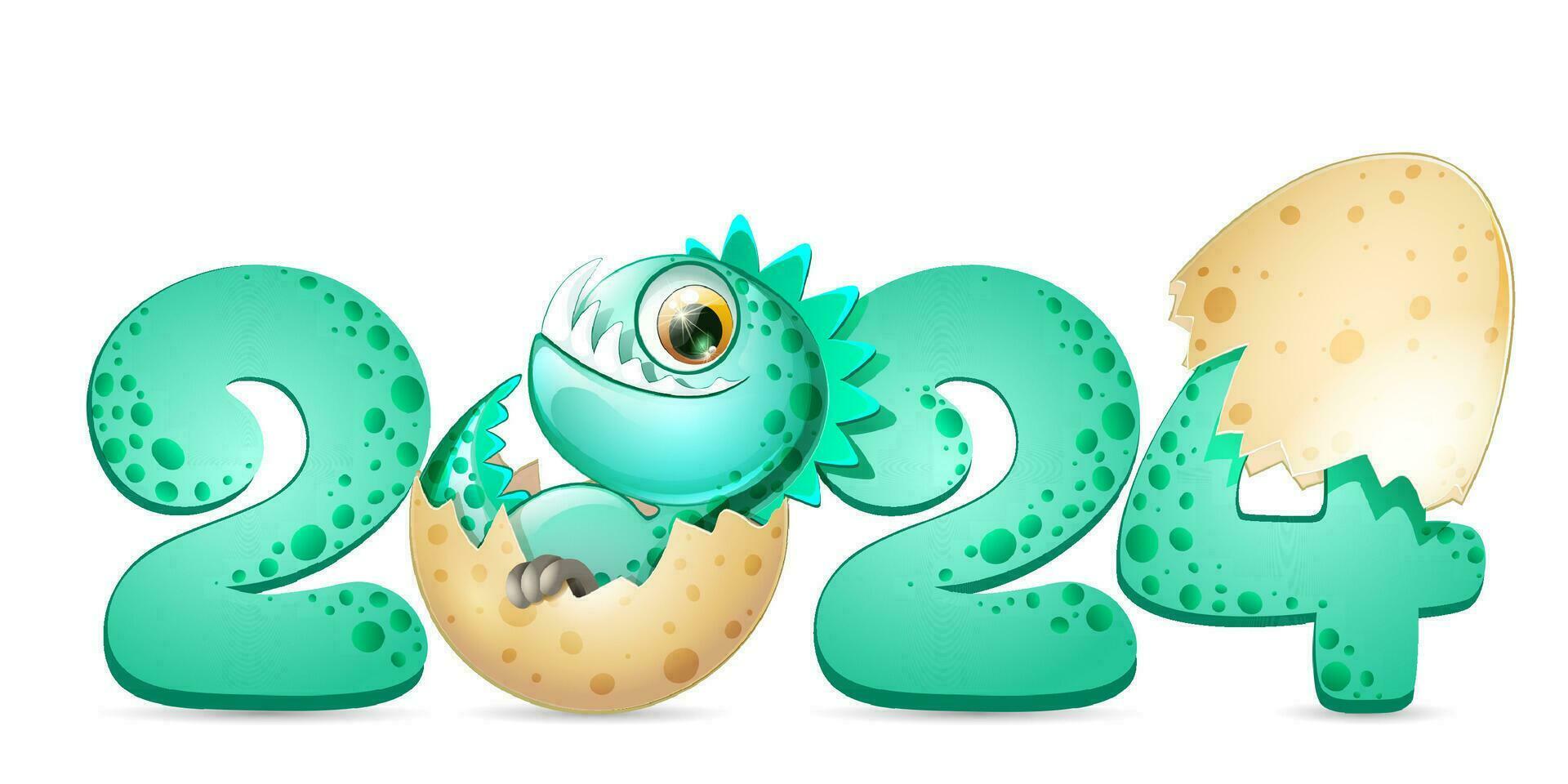 Cute newborn little dinosaur smiling in broken eggshell. New year 2024 concept vector