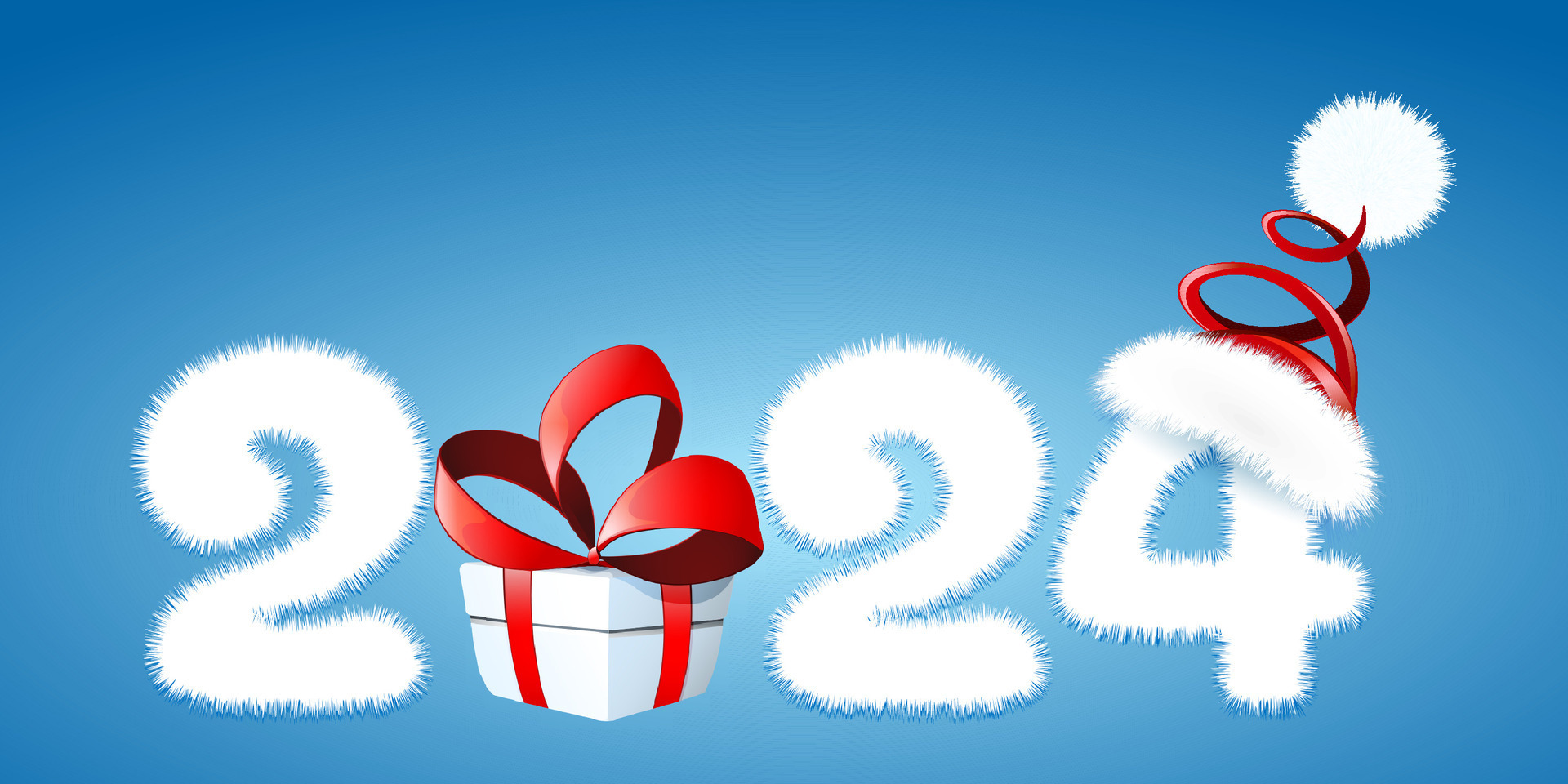 Cute fluffy white cartoon 2024 new year number with gift box and Santa