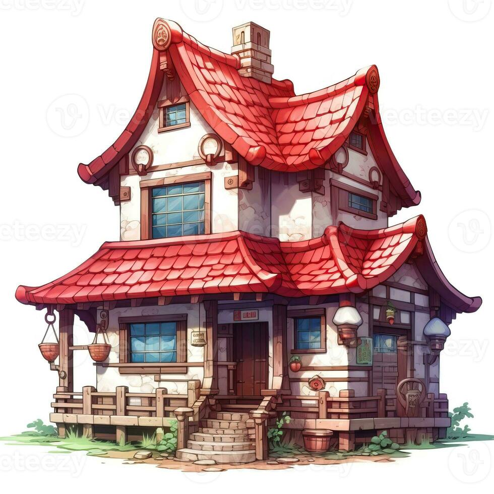 House anime style, House red tile white background high quality ai image generated photo