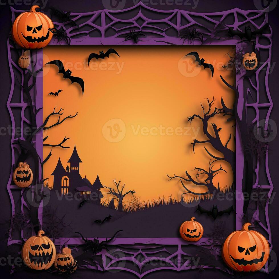 Paper cut Holloween border Bat Ghost Spider Pumpkin frame, Halloween papercut high quality ai generated image photo