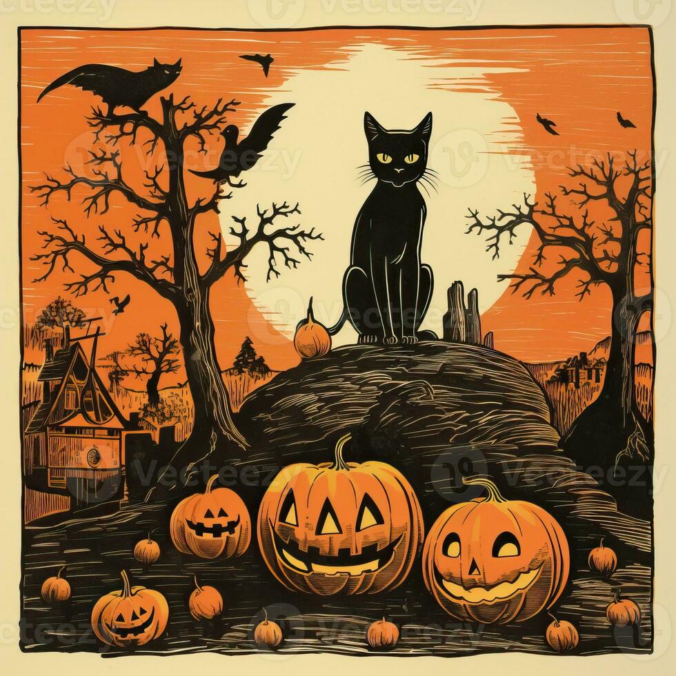 Vintage Halloween paper decoration black cat high quality ai generated image photo