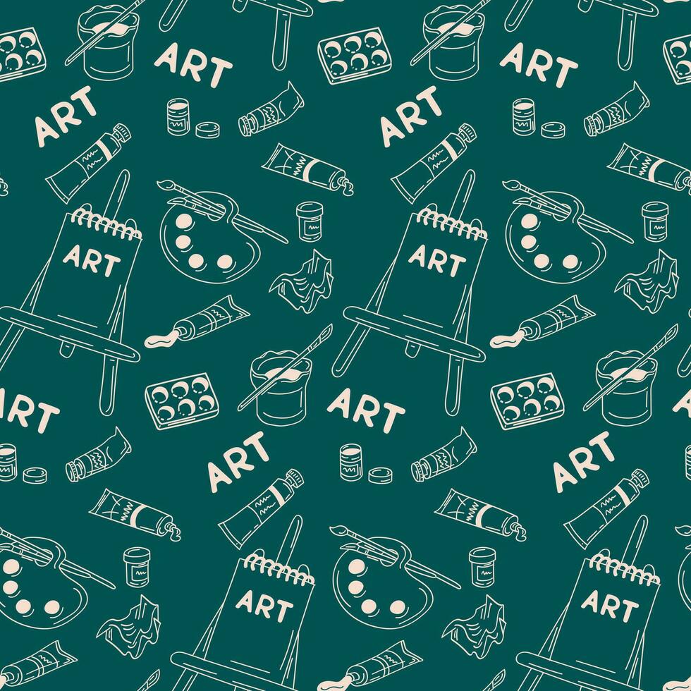 Flat doodle seamless pattern with art stationary. Minimalistic doodle unique design. White isolated art elements on green background. Perfect for decoration, textile, wrapping paper, background vector