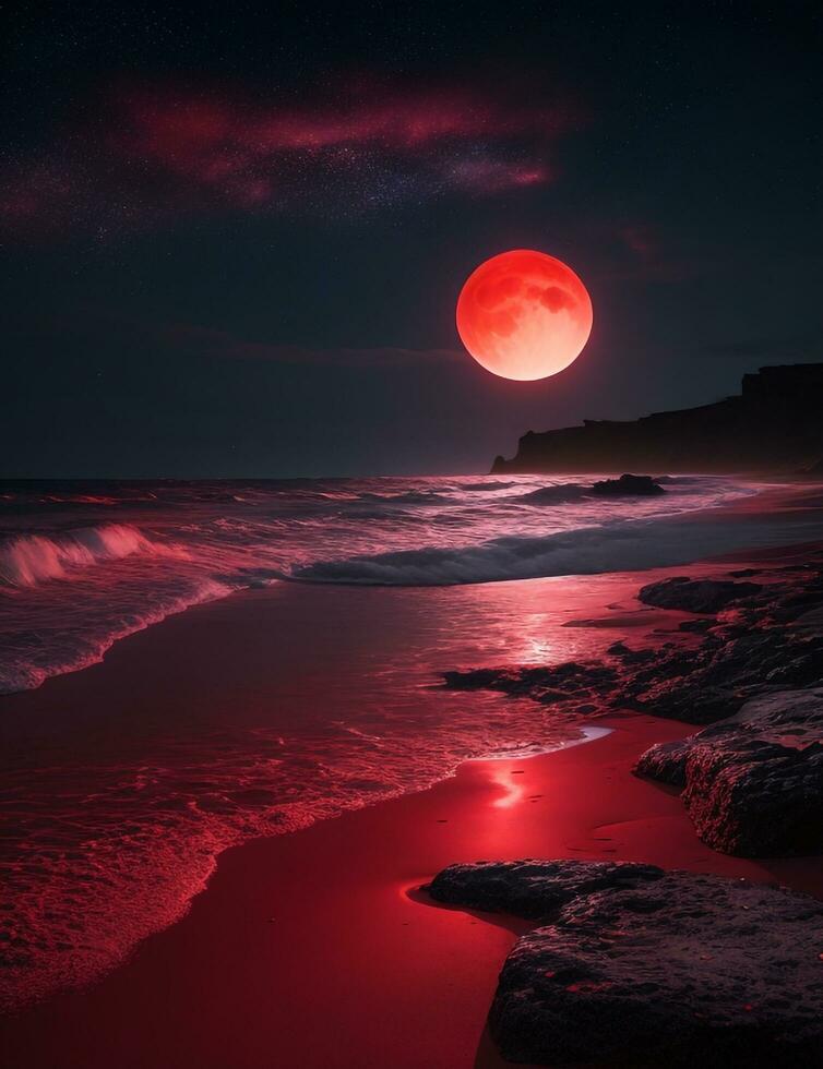 A mysterious beach at night, illuminated by a red moon, with the dark sea stretching out into the horizon. Ultra realistic. Generative AI photo