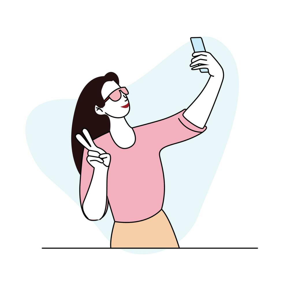 selfie tomando mujer, sencillo personaje vector ilustración