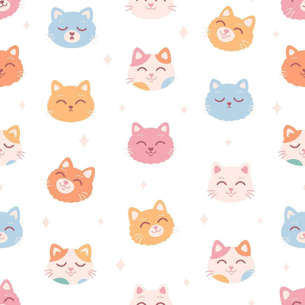 Cute cat faces seamless pattern. Cat characters with different emotions and facial expressions. vector