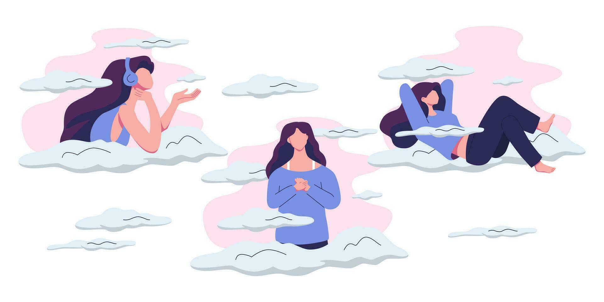 People heads in clouds set. Psychology, mental health concept. Happy creative carefree characters with inspiration, dreams, imagination. Flat vector illustrations isolated on white background