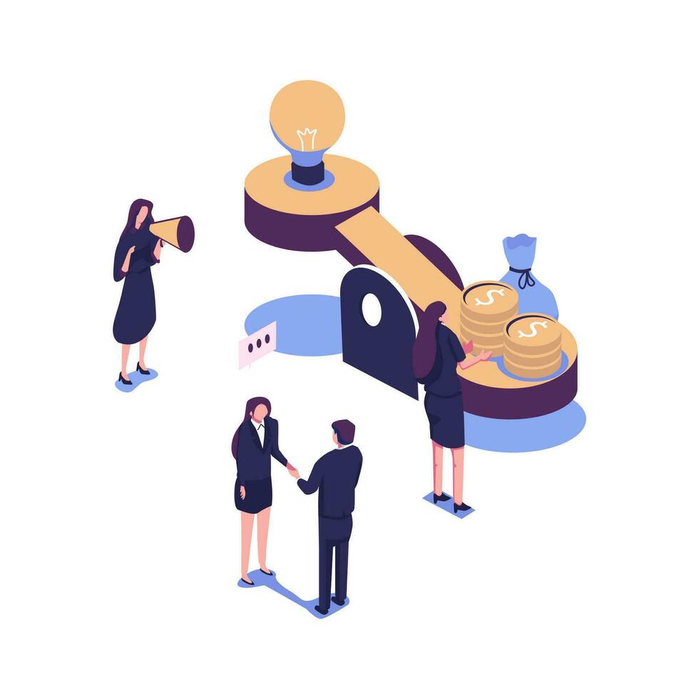 A vector illustration of groups of people who inject money into an idea on a swing and outweighs it, the concept of overweight, value, purchase