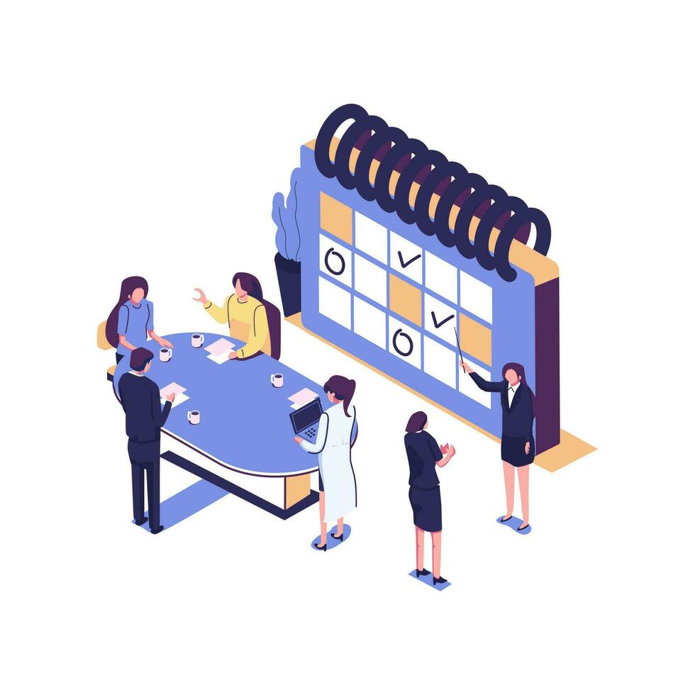 Vector illustration, fill in the calendar table, mark important dates and tasks, team thinking and brainstorming, analytics of information about the company - vector