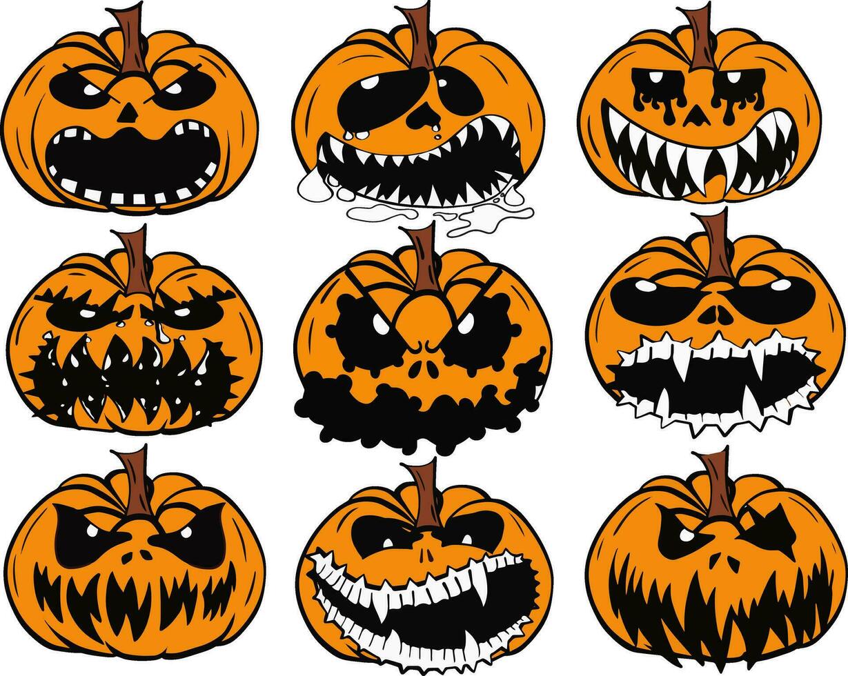 Set pumpkins on white background, main symbol of holiday Happy Halloween, orange pumpkin with scary and evil smile. for the holidays Halloween vector illustration