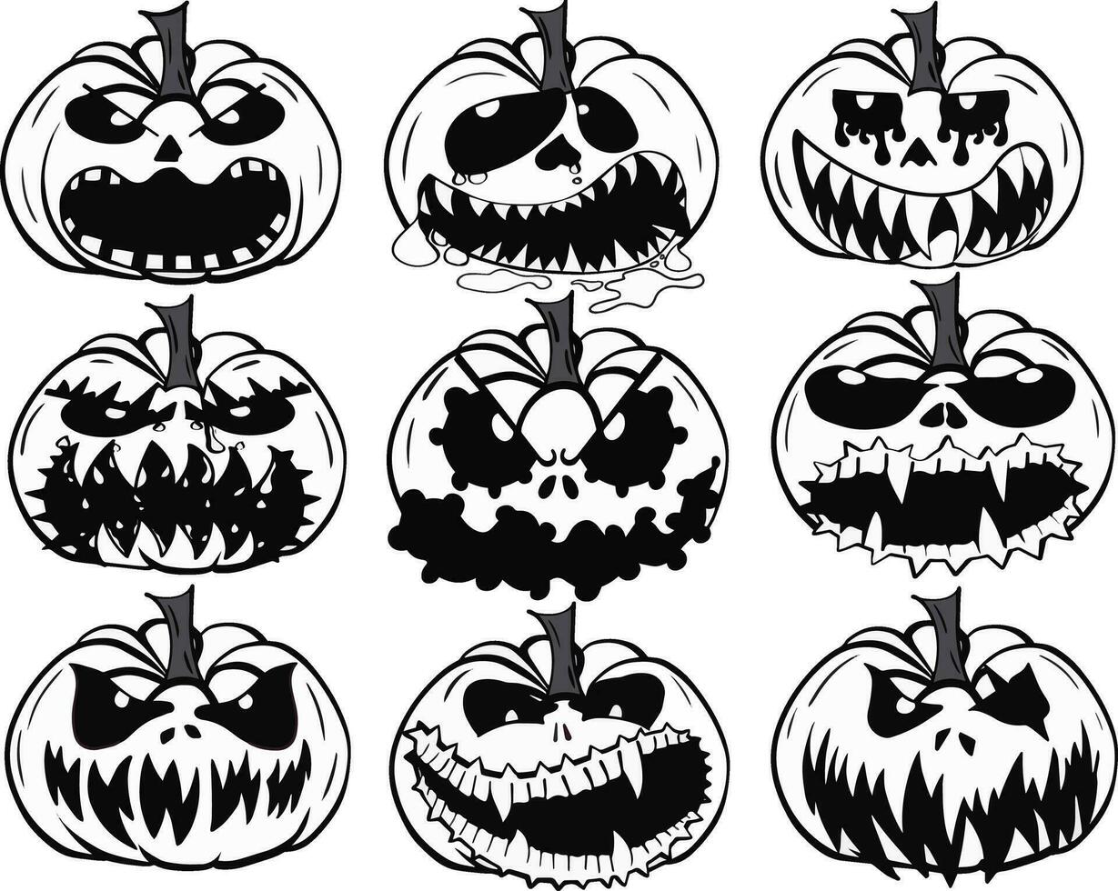 Halloween pumpkin icons set. Scary and evil monster face Design element for logo, badge, label, poster. Vector illustration.