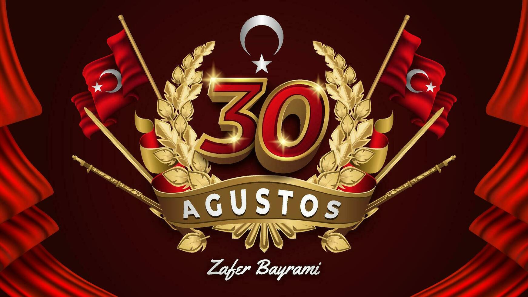 Golden 30 Agustos Zafer Bayrami Badge with Red Flags Background vector