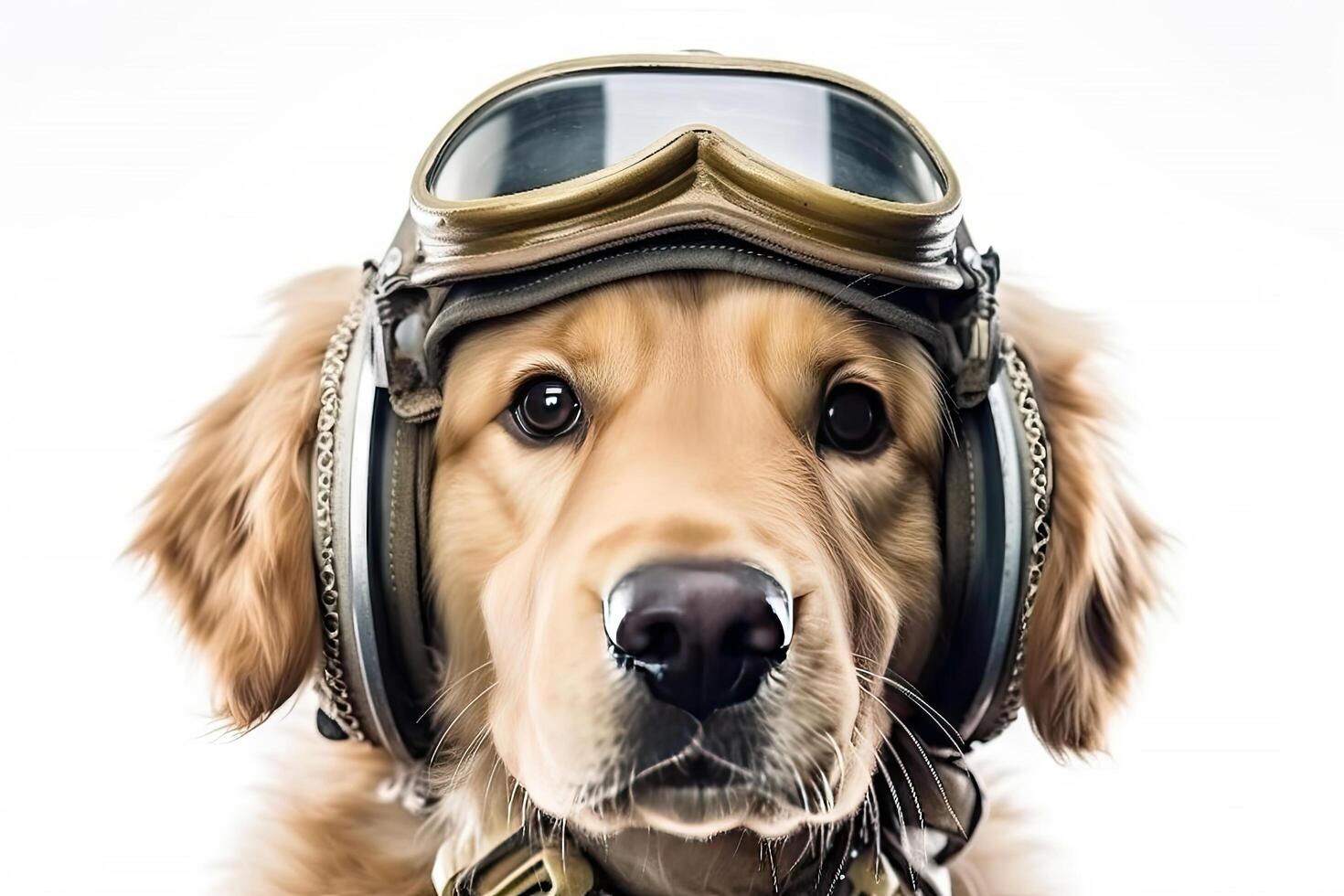 Cute dog Golden retriever with captain pilot costume for flying with airplane isolated on white background, funny moment, pet concept, with . photo
