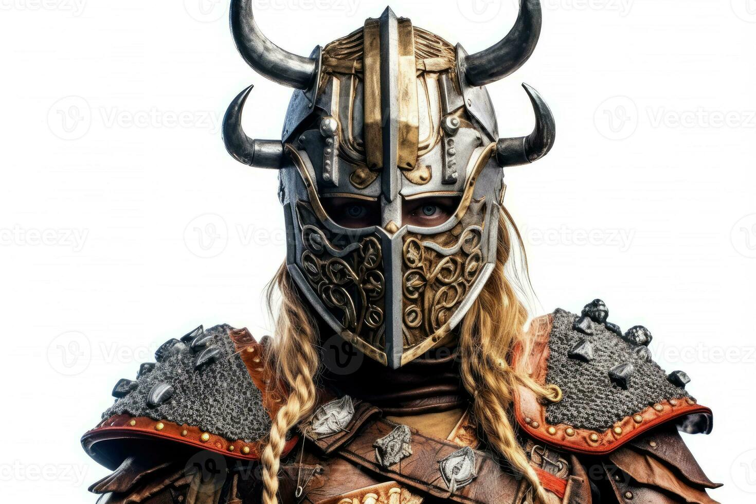 Portrait of medieval Scandinavian or Viking warrior with armor and helmet costume isolated on white background, epic fantasy world, with Generative Ai. photo