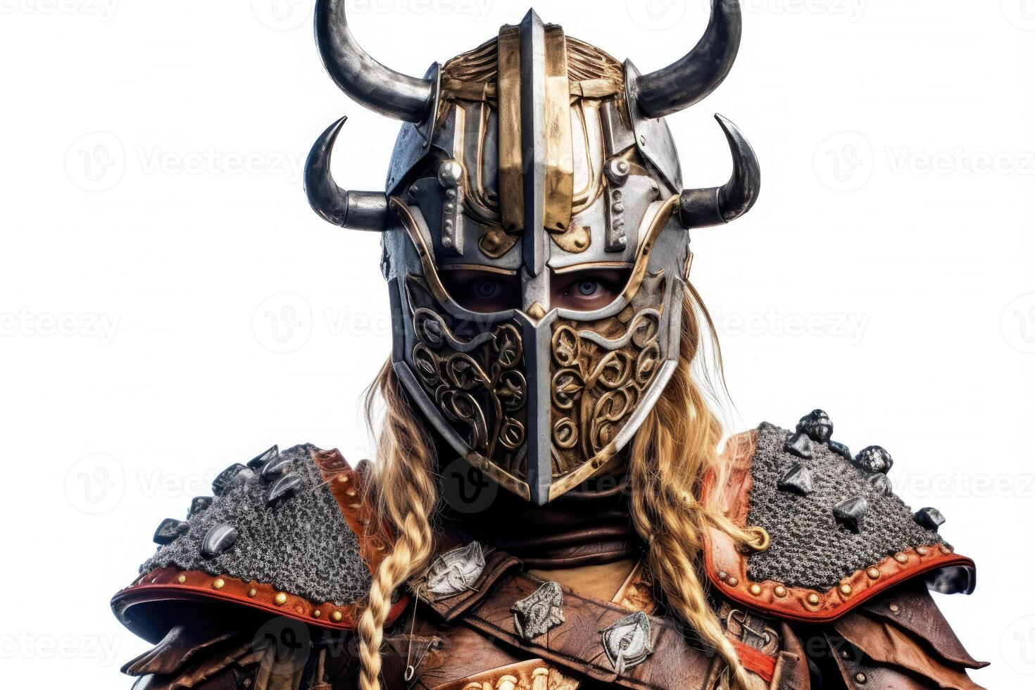 Portrait of medieval Scandinavian or Viking warrior with armor and helmet costume isolated on white background, epic fantasy world, with . photo