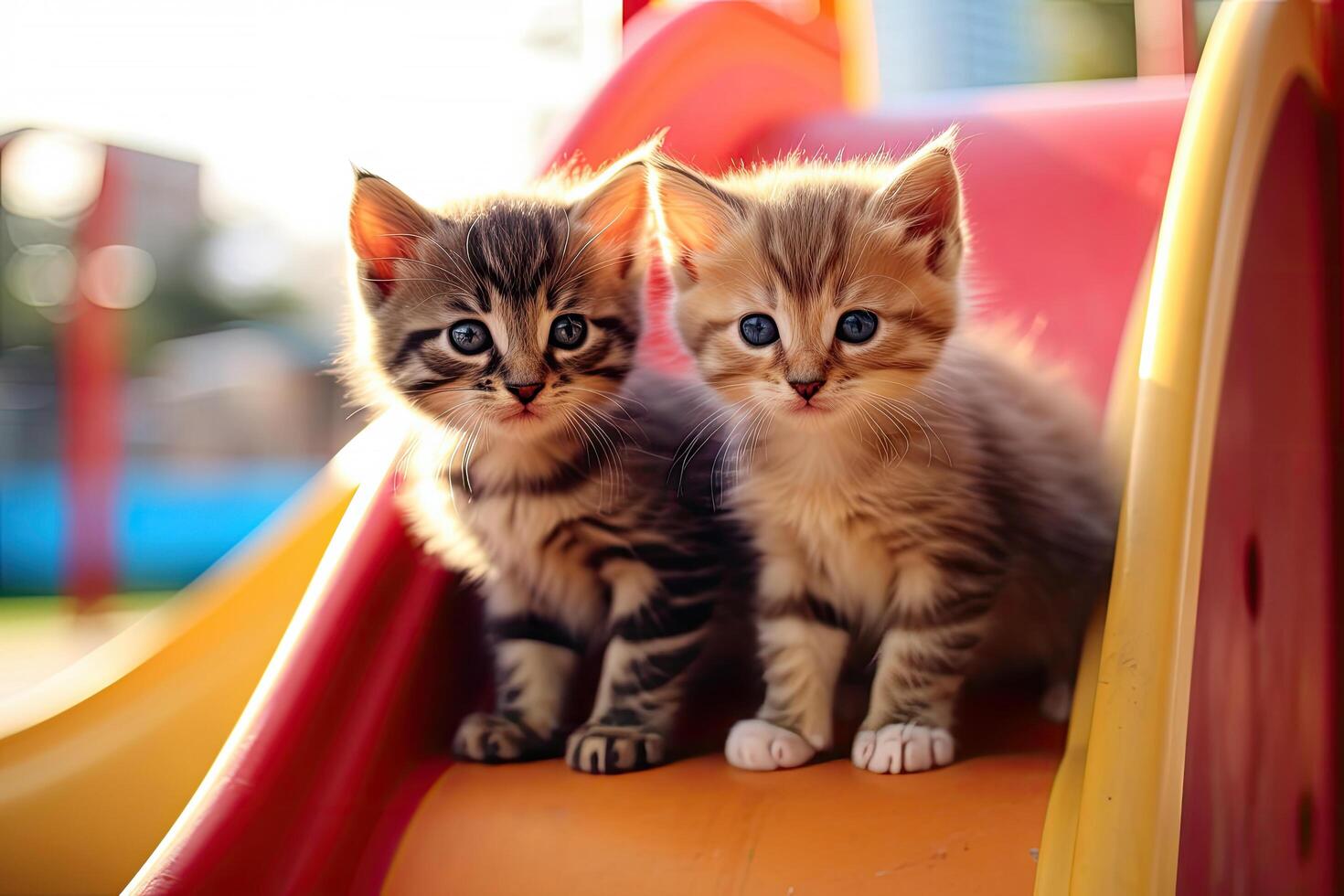 Cute little kitten cats that playing together at playground with happiness, funny moment of pet, fluffy cat, with Generative Ai. photo