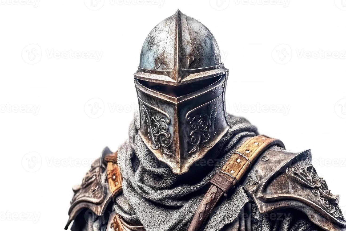 Portrait of medieval Scandinavian or Viking warrior with armor and helmet costume isolated on white background, epic fantasy world, with . photo