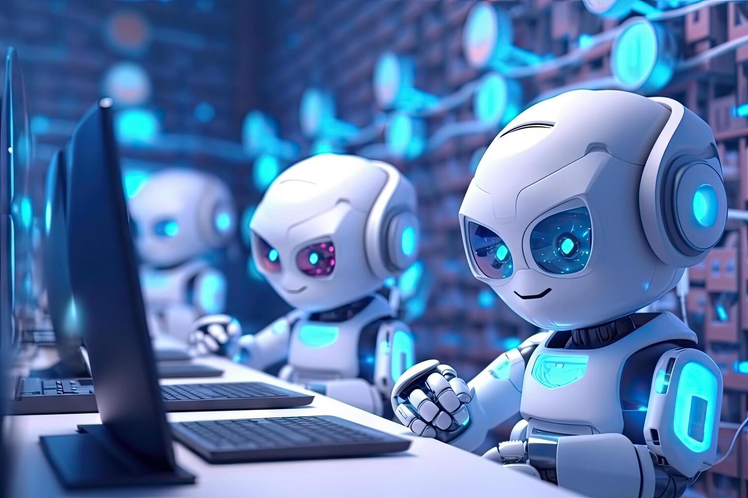 Artificial intelligence, or ai robot working at office by using computer laptop and typing keyboard, Technology in future, Communication network. with . photo