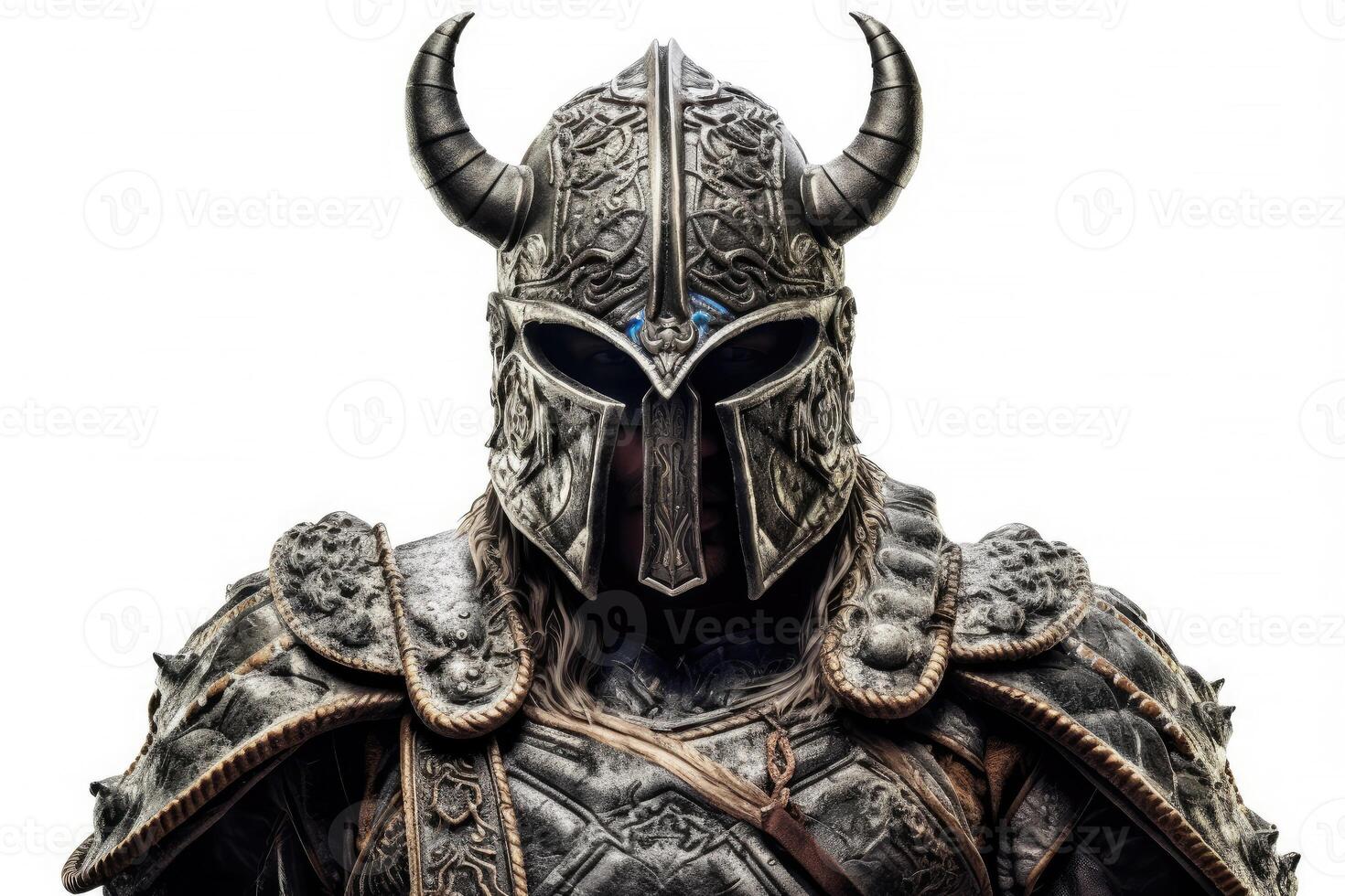 Portrait of medieval Scandinavian or Viking warrior with armor and helmet costume isolated on white background, epic fantasy world, with . photo