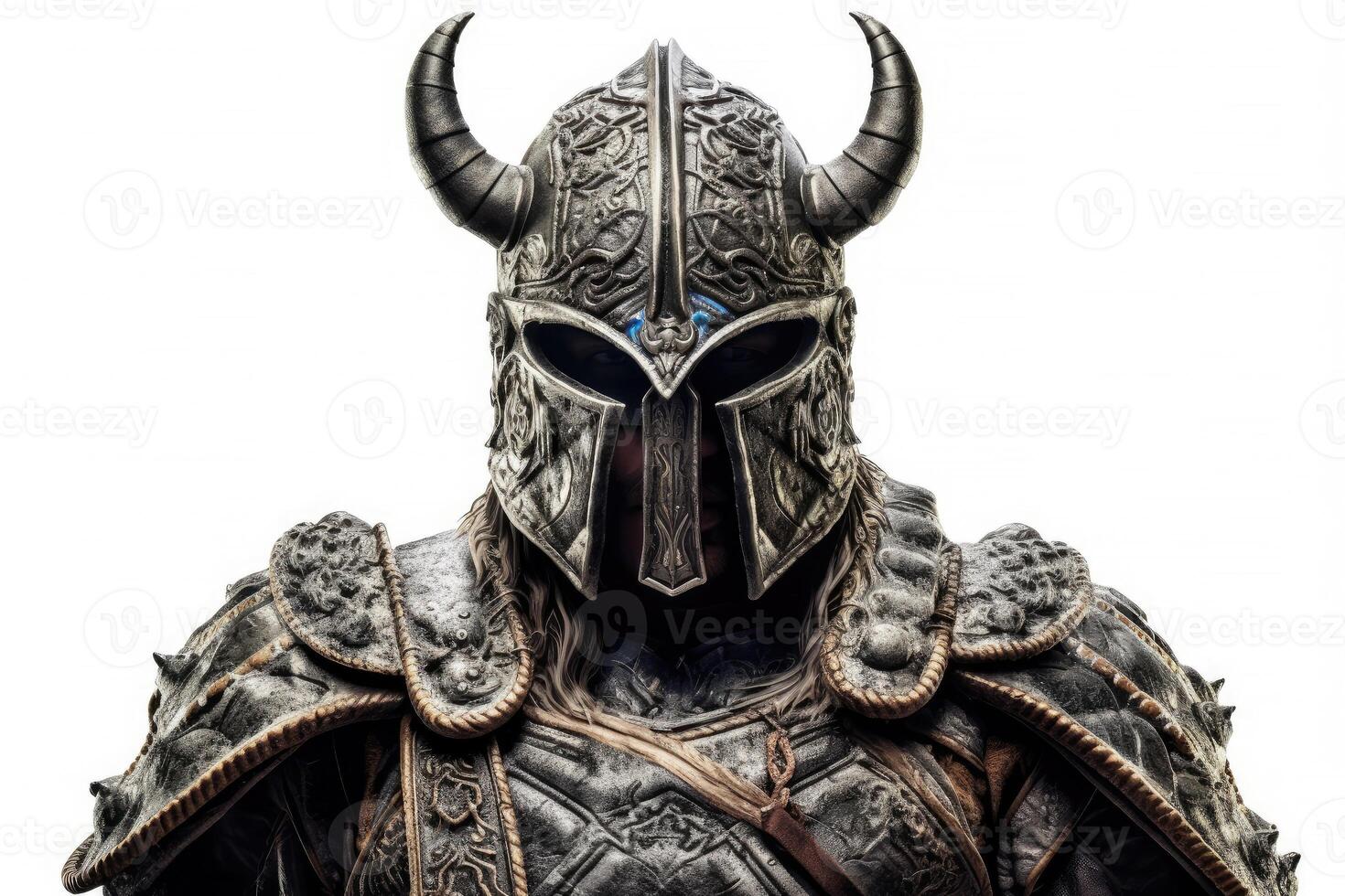 Portrait of medieval Scandinavian or Viking warrior with armor and helmet costume isolated on white background, epic fantasy world, with Generative Ai. photo