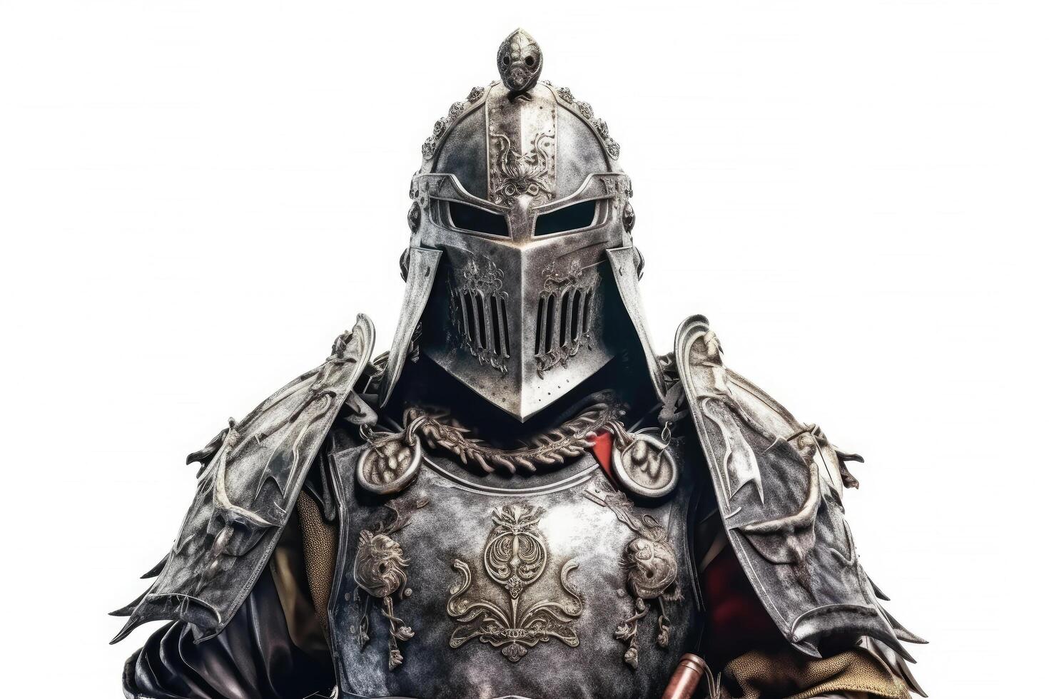 Portrait of medieval Scandinavian or Viking warrior with armor and helmet costume isolated on white background, epic fantasy world, with . photo