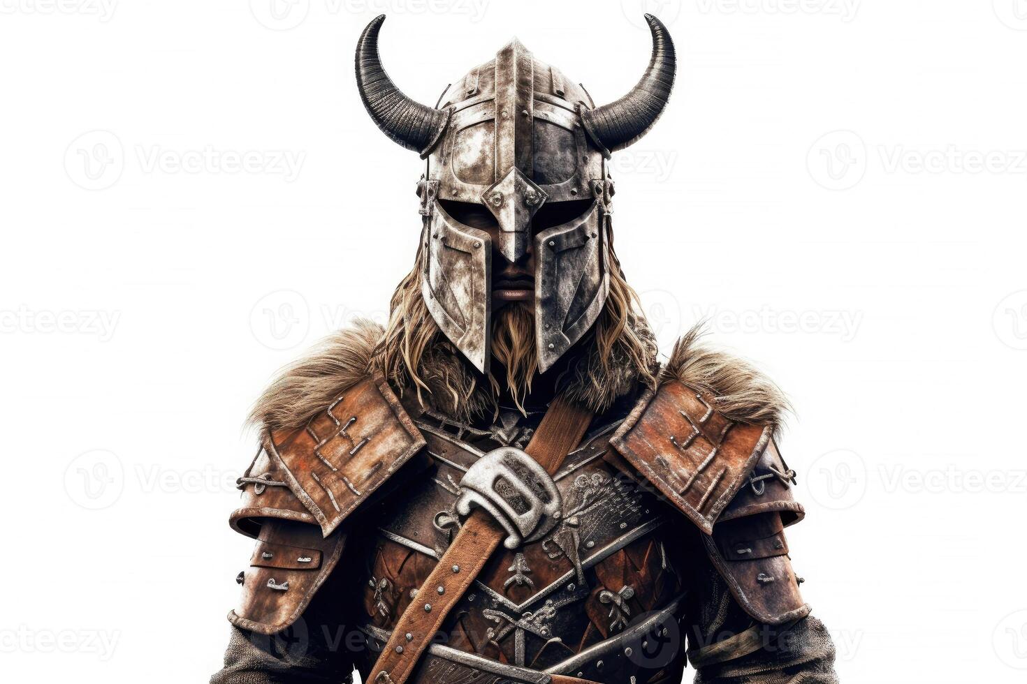 Portrait of medieval Scandinavian or Viking warrior with armor and helmet costume isolated on white background, epic fantasy world, with . photo